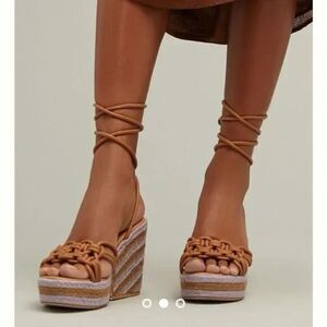 Anthropologie Raffia Espadrille Wedge Platform Ankle Wrap Sandals Purple Tan 37